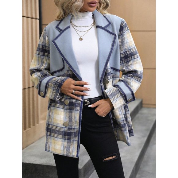 Casual Plaid Double Breasted Contrast Trim Overcoat Blue - Picture 5 of 6